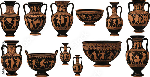Collection of ancient Greek pottery vessels including amphorae and kraters with traditional black and red figure mythological illustrations