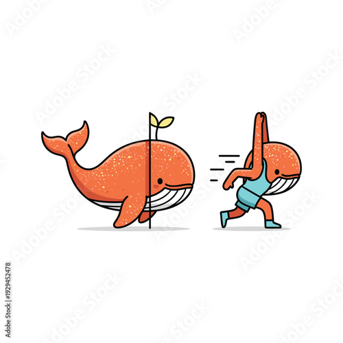Man running away from large whale with a plant growing out of its head, cartoon style with copy space