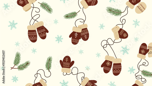 Cozy winter seamless pattern featuring pairs of brown knitted mittens, pine branches, and light blue snowflakes on a cream background.