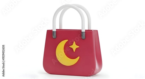 A stylized red handbag featuring a prominent yellow crescent moon and star, symbolizing Islamic fashion or festive accessories.