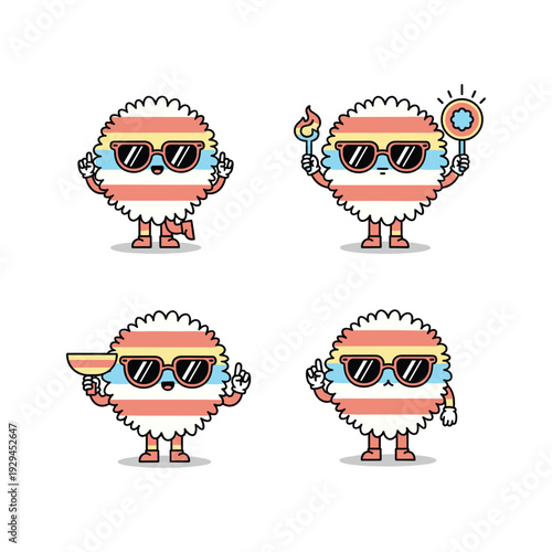 Cartoon characters with American flag design enjoying summer vacation with sunglasses and accessories