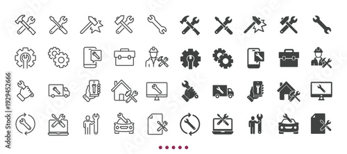 Repair icons collection. Multi series icons. Line and glyph solid web icons collection