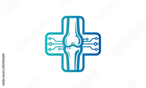 Modern Orthopedic Knee Joint Logo with Digital Circuit Technology Inside Medical Cross Symbol