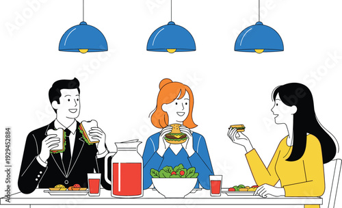 Group of diverse friends sitting at a table eating healthy sandwiches and salad for social lunch concept