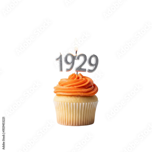 Cupcake with 1929 candle on transparent background