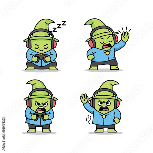 Cartoon character expressing different emotions with headphones on
