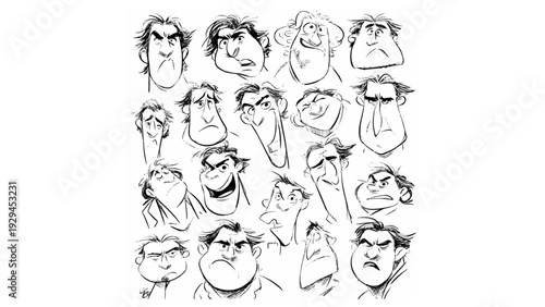 Exaggerated angry and stressed male faces are depicted in a dynamic caricature style.