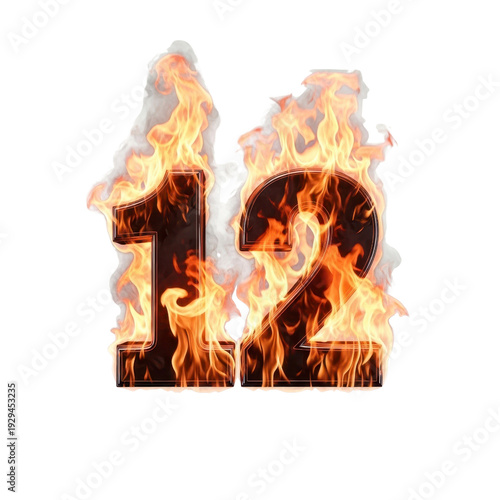 Number 12 on fire with smoke and flames