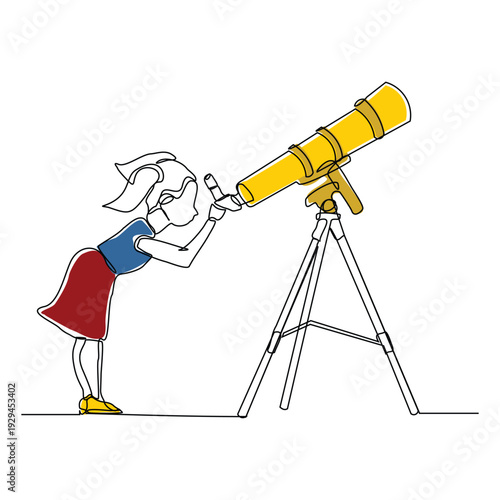 Continuous line sketch drawing of woman look at telescope outer space science galaxy design concept vector illustration single one stroke editable