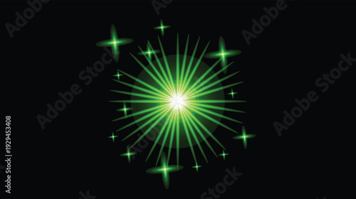 Glowing green light with radiating lines and sparkles