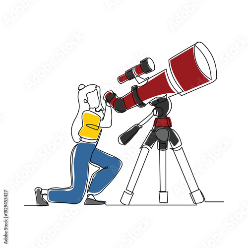 Continuous line sketch drawing of woman look at telescope outer space science galaxy design concept vector illustration single one stroke editable