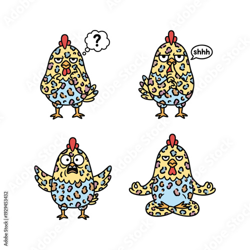 Cartoon chicken expressing different emotions with speech bubbles in a humorous illustration style