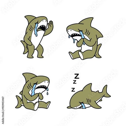 Crying and sleeping cartoon shark in different poses with copy space