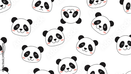 Adorable seamless pattern of white panda faces with various cute expressions and rosy cheeks on a plain white background for kids.