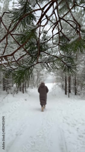 Person walking away into snowy winter landscape. Back view, peaceful cold season atmosphere, no face visible.