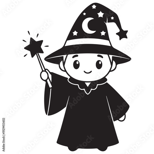 Black and White Cartoon Wizard with Magic Wand and Star Hat