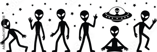 Cute alien characters set, UFO spaceship, outer space stars background, extraterrestrial cartoon silhouettes illustration isolated on white