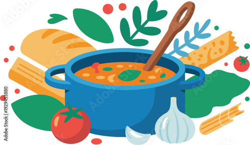 Hearty Homemade Soup in Blue Pot with Fresh Vegetables and Herbs Cozy Kitchen Vector Illustration