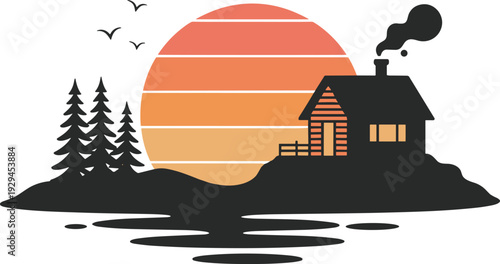 Rustic cabin silhouette at sunset, peaceful lakeside forest landscape with pine trees, birds and glowing windows illustration