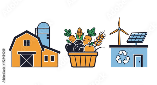 Sustainable Farming and Eco-Friendly Living Icons: Organic Food, Renewable Energy & Recycling