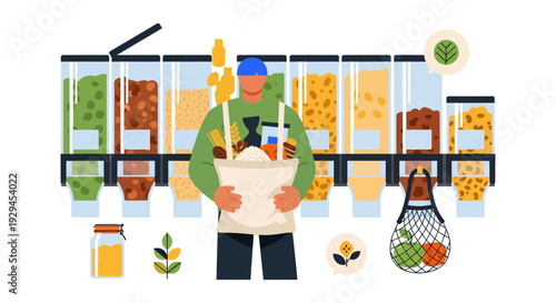 Sustainable Zero Waste Bulk Food Shopping. Person with Reusable Bag at Eco-Friendly Grocery Store Displaying Grains, Nuts, and Cereals.