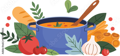Hearty Homemade Soup in Blue Pot with Fresh Vegetables and Herbs Cozy Kitchen Vector Illustration