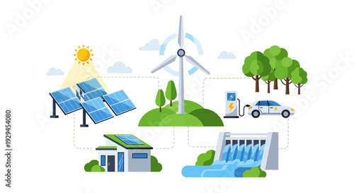 Renewable Energy Ecosystem: Green Power Grid Connecting Solar, Wind, Hydro, Smart Home, and EV Charging for Sustainable Future