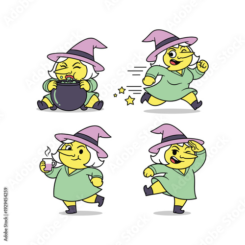 Cartoon witch character dancing with magic in a playful style