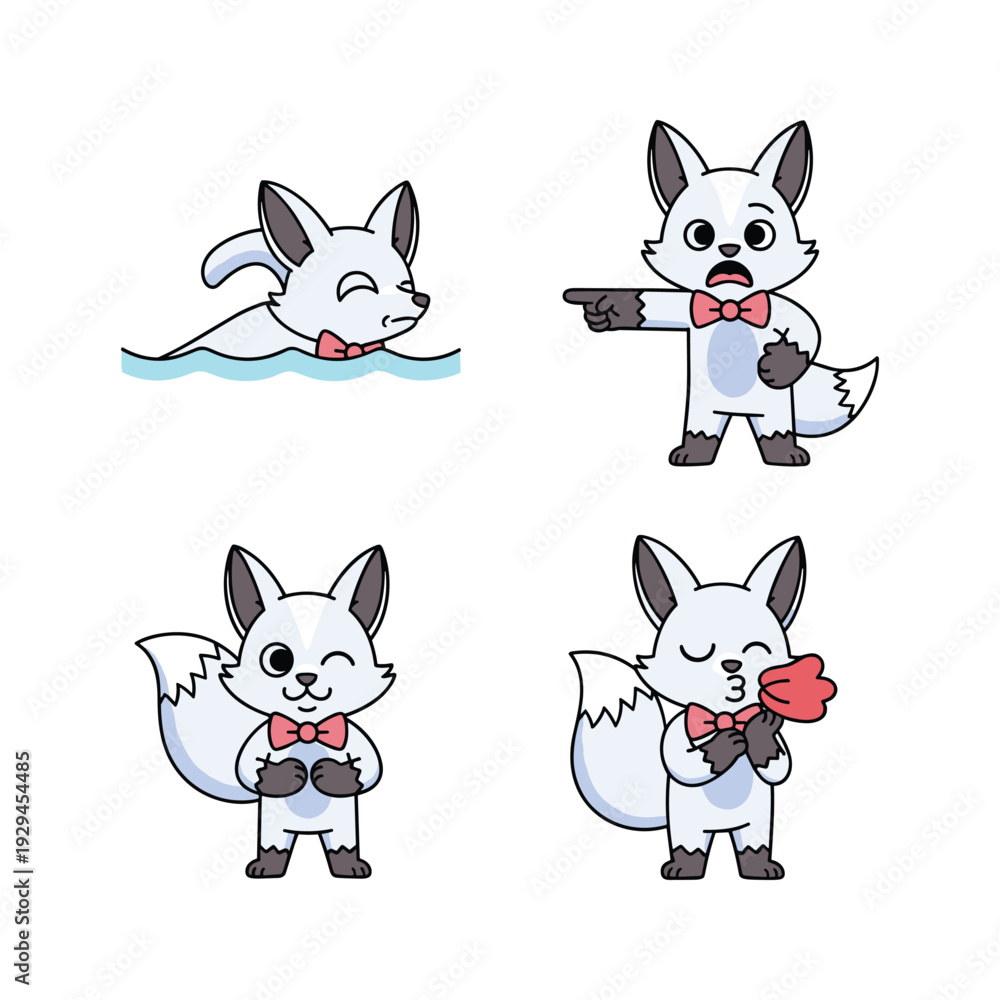 Fototapeta premium Cartoon white fox character in various poses with red bow tie on white background