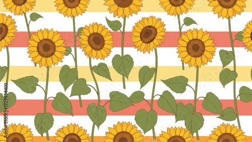 Radiant seamless pattern of tall sunflowers with green leaves over a horizontal yellow, orange, and white striped background for summer.