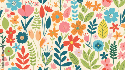 Delightful seamless pattern of various meadow flowers, berries, and leaves in a bright multi-colored palette on an off-white background.