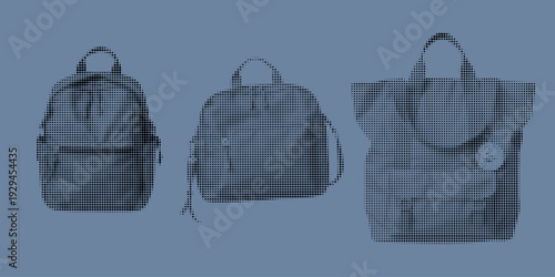 Collection of travel backpacks in halftone style. Vector illustration.