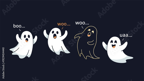 Four cute cartoon ghosts with different expressions and boo-like speech bubbles floating against a dark charcoal background for halloween.