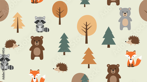 Adorable seamless pattern of woodland animals including bears, foxes, raccoons, and hedgehogs among pine and deciduous trees for kids.