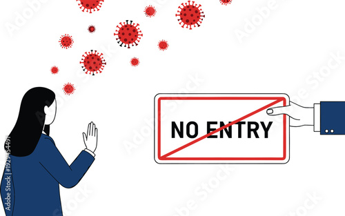 Illustration of a woman stopped by a no entry sign with virus particles representing quarantine and infection control