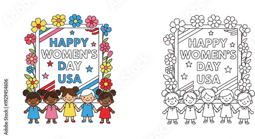 Happy Women's Day USA with Diverse Girls Holding Hands in Floral Frame