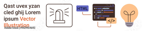 Technology, web development, coding, warning systems, innovation, programming. Minimalist icons of a warning signal, HTML code snippet and lightbulb. Technology and web development focus
