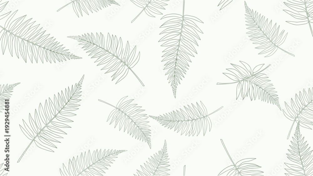 Fototapeta Hand-drawn fern leaves pattern with delicate line art detail on a soft pale green background for organic and botanical design themes.