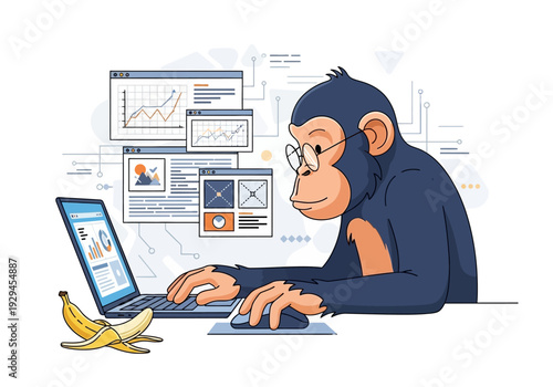 Intelligent chimpanzee working diligently on a laptop computer.