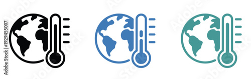 Global thermometer icon pack, includes temperature measurement symbols, climate tracking, weather icons, and environmental monitoring vector illustrations for science, education