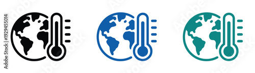 Global temperature vector icons, thermometer illustrations representing heat levels, climate tracking, weather monitoring, and environmental data for educational, scientific