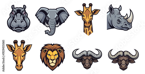 Wildlife animal head icons elephant giraffe lion rhino buffalo and hippo illustrations