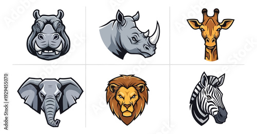 Wildlife animal head icons hippopotamus rhino giraffe elephant lion zebra illustrations