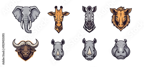 Wildlife animal head icons set illustration