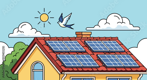 Illustration of a house with solar panels on the roof.