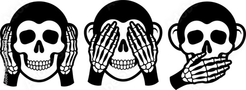Three wise skulls see no evil hear no evil speak no evil skeleton monkey hands black and white illustration proverb wisdom design