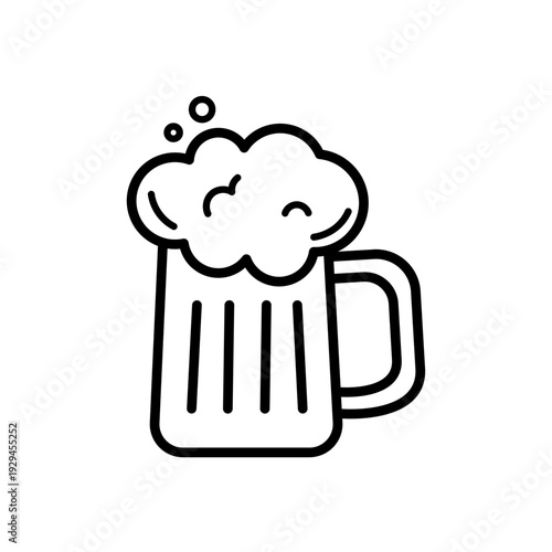 Illustration vectorielle minimaliste d’une chope de bière avec mousse. Symbole convivial de boisson et de fête, en dessin contour noir et blanc.