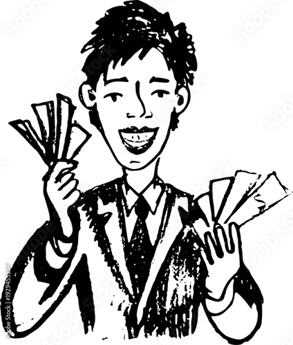Happy smiling businessman holding money. Hand drawn sketch vector illustration