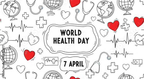 World health day illustration with medical symbols and red hearts on white background