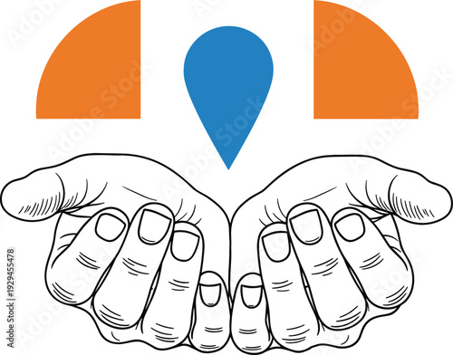 Line art illustration of cupped human hands protecting a blue water droplet for conservation and humanitarian aid concept